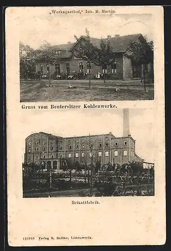AK Beutersitz, Kohlenwerke, Brikettfabrik, Werksgasthof von M. Martin
