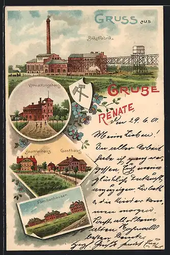 Lithographie Grube Renate, Brikettfabrik, Beamtenhaus und Gasthaus, Verwaltung