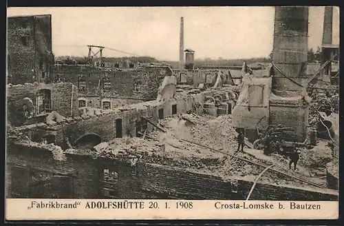 AK Crosta-Lomske b. Bautzen, Brand der Adolfshütte am 20.01.1908