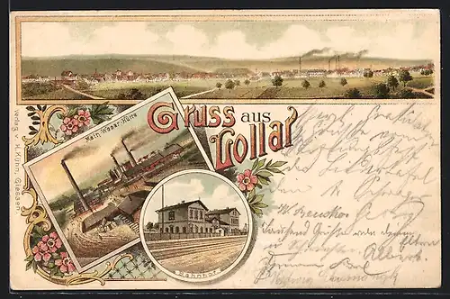 Lithographie Lollar, Bahnhof, Main-Weser-Hütte, Panorama