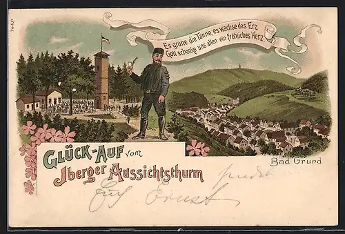 Lithographie Bad Grund, Panorama mit Gasthaus und Iberger Aussichtsturm