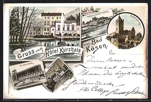 Lithographie Bad Kösen, Hotel Kurzhals, Gradierwerk, Rudelsburg