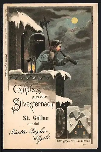 Lithographie St. Gallen, Nachtwächter in der Silvesternacht, Halt gegen das Licht: Prosit Neujahr