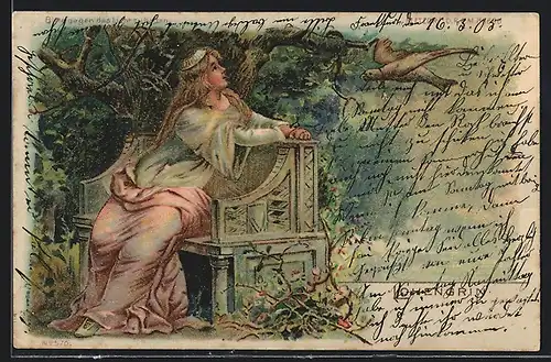 Lithographie Szene aus Lohengrin, Halt gegen das Licht: Lohengrin erscheint im Schwanenboot