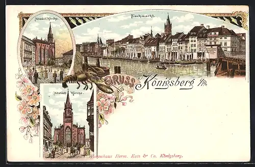 Lithographie Königsberg, Blick zum Fischmarkt & Altstädt. Kirche