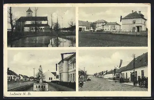 AK Lodenitz /N. D., Strassenpartie, Kirche, Denkmal