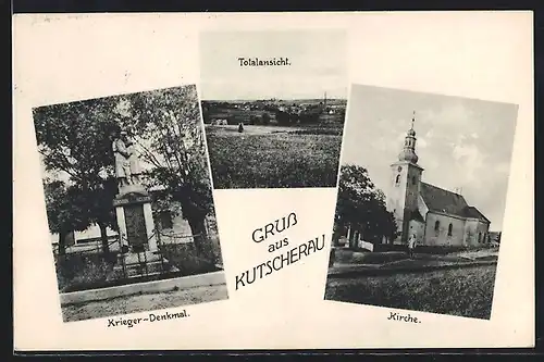 AK Kutscherau, Kirche, Kriegerdenkmal, Totalansicht