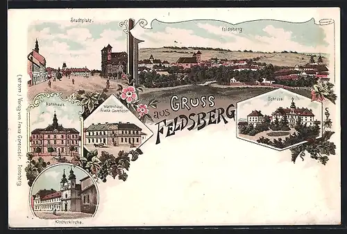 Lithographie Feldsberg, Warenhaus Franz Cerencser, Stadtplatz, Rathaus