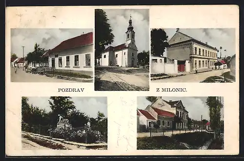 AK Milonice, Kirche, Denkmal, Strassenpartie