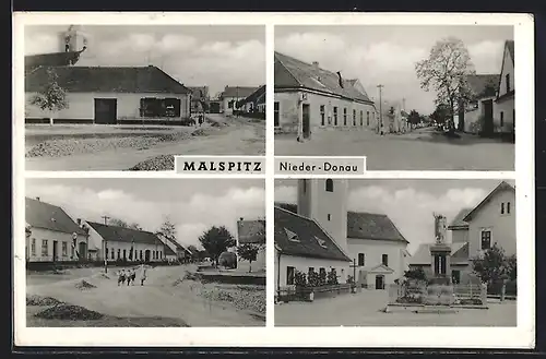 AK Malspitz /Nieder-Donau, Denkmal und Kirche, Strassenpartie