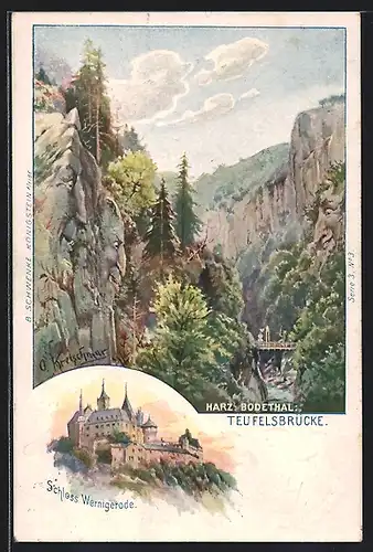 Lithographie Schwenke Ser. 3 Nr. 3: Wernigerode, Schloss, Teufelsbrücke im Bodethal, Berggesichter