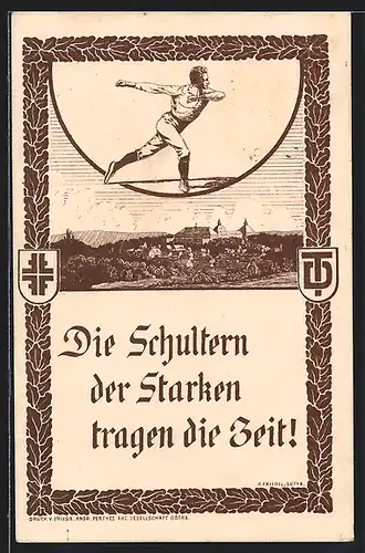 Künstler-AK Gotha, Westthüringer Gauturnfest 1921 - Leichtathlet über Ortsansicht