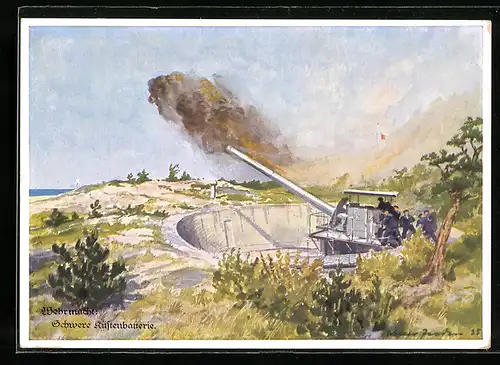 Künstler-AK Soldaten feuern mit einem Geschütz, Schwere Küstenbatterie