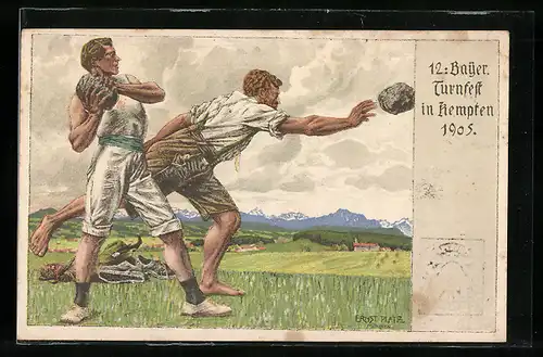 Künstler-AK Kempten, 12. Bayerisches Tunfest 1905, Sportler werfen Steine