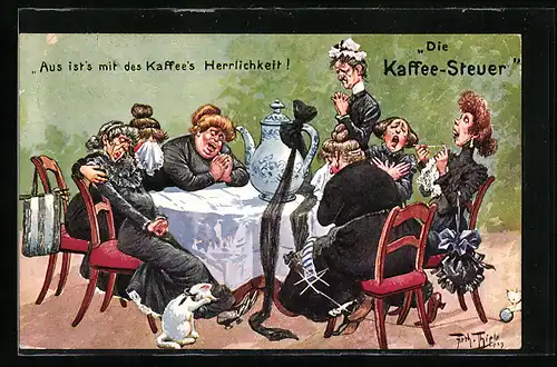 Künstler-AK Arthur Thiele: Die Kaffee-Steuer, Damen sind empört über die Kaffee-Rechnung