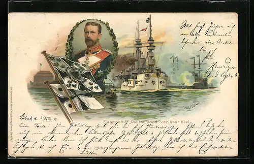 Künstler-AK Willy Stoewer: Flaggschiff Deutschland verlässt Kiel, Kriegsschiff