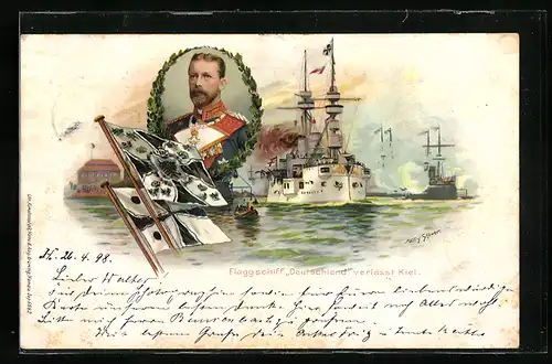 Künstler-AK Willy Stoewer: Flaggschiff Deutschland verlässt Kiel, Kriegsschiff