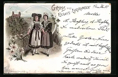 Vorläufer-Lithographie Frauen in elsass-lothringischen Trachten halten sich an den Händen, 1895