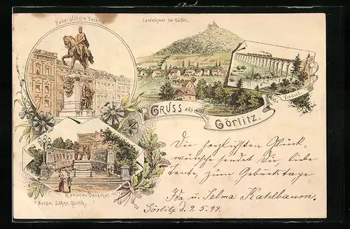 Vorläufer-Lithographie Görlitz, 1894, Kanonen-Denkmal, Landeskrone, Kaiser Wilhelm-Denkmal