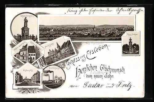 Vorläufer-Lithographie Eisleben, 1891, Ernst Schacht, Luthers Sterbehaus, Marktplatz