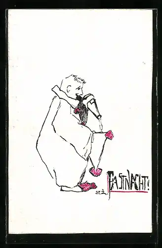 Künstler-AK Handgemalt: Harlekin feiert Fastnacht, trinkt aus seiner Zipfelmütze