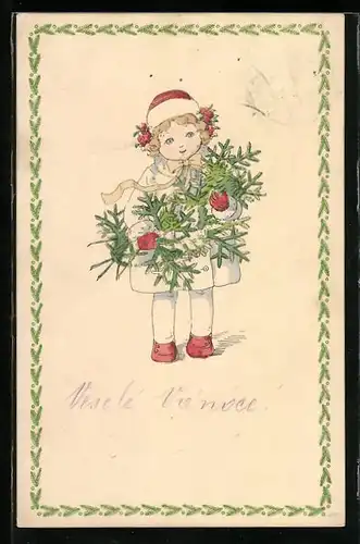 Künstler-AK Mela Köhler unsign.: Mädchen mit Tannenzweigen als Weihnachtsgruss
