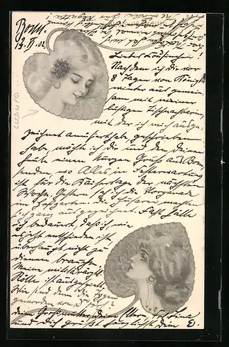 Künstler-AK Ludwig Rauh: Frauenportraits auf Blättern, Jugendstil