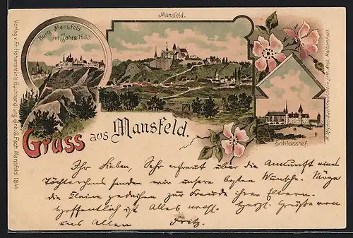 Lithographie Mansfeld, Teilansicht, Burg Mansfeld, Schlosshof