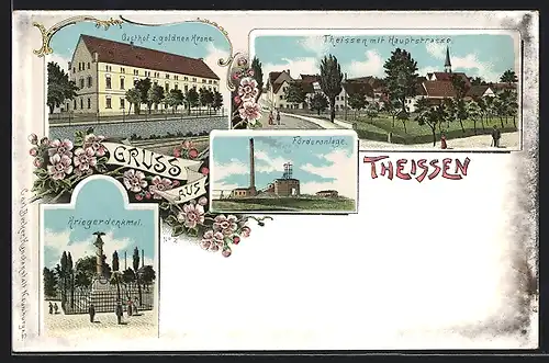 Lithographie Theissen, Förderanlage, Gasthof zur goldenen Krone, Ortsansicht mit Hauptstrasse