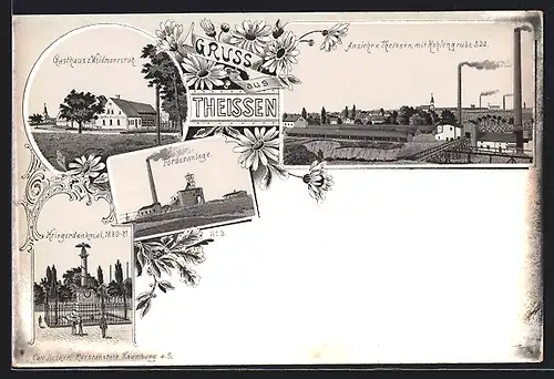 Lithographie Theissen, Ortsansicht mit Kohlengrube 522, Gasthaus zur Weidmannsruh, Förderanlage