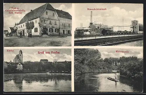 AK Profen, Braunkohlenwerk, Kolonialwaren R. Fiedler, Elsterpartie, Panorama mit Kirche