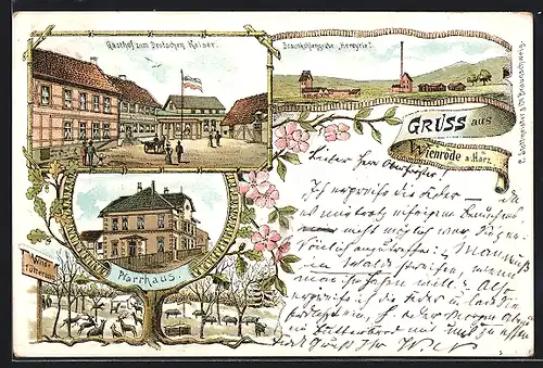 Lithographie Wienrode a. H., Grube Hereyria, Gasthof zum Deutschen Kaiser, Pfarrhaus