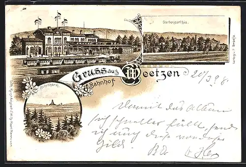 Lithographie Weetzen, Bahnhof mit Zug und Bahnsteig, Bohrturm