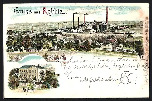 Lithographie Röblitz, Ortsansicht mit Bergwerk aus der Vogelschau, Gasthaus mit Besuchern