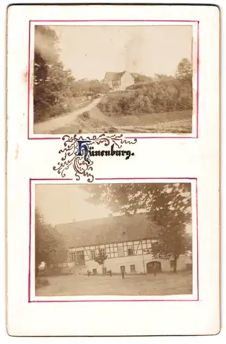 3 Fotografien unbekannter Fotograf, Ansicht Hünenburg b. Riemsloh, altes Fachwerks Gutshaus, Wohnhaus