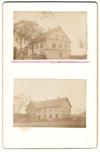 3 Fotografien unbekannter Fotograf, Ansicht Hünenburg b. Riemsloh, altes Fachwerks Gutshaus, Wohnhaus