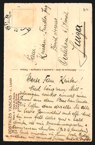 Künstler-AK Ibarra, Ortsansicht mit Kirche und Brücke