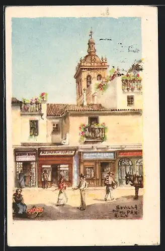 Künstler-AK Sevilla, Strassenpartie mit Geschäften
