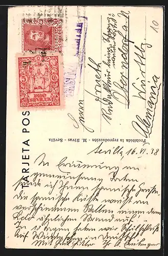 Künstler-AK Sevilla, Strassenpartie mit Geschäften