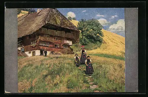 Künstler-AK Curt Liebich: Schwarzwald, Sommer Sonntagsstimmung, Frau mit zwei Mädchen vor dem Haus