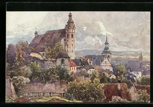 Künstler-AK Krems a. D., Nibelungenweg - Teilansicht des Ortes