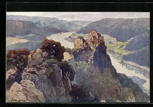 Künstler-AK Fritz Lach: Aggstein, Ruine Aggstein, Nibelungenweg