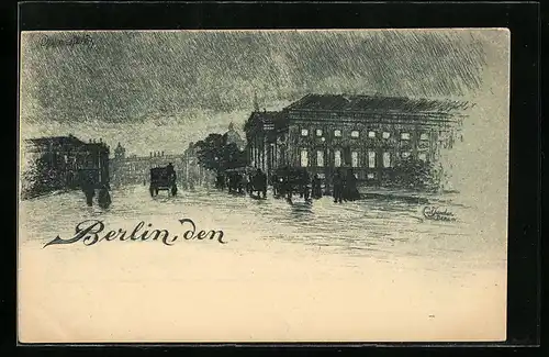 Künstler-AK Carl Jander: Berlin, Opernplatz mit Zeughaus mit Passanten und Kutschen