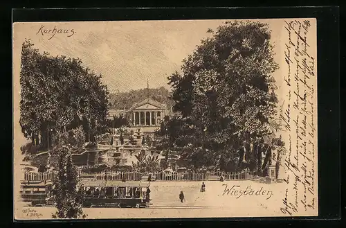 Künstler-AK Carl Jander: Wiesbaden, Kurhaus mit Strassenbahn