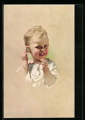Künstler-AK Ludwig Knoefel, Kind mit Taschenuhr