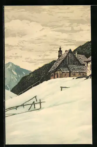 Künstler-AK Friedrich Iwan: auf dem schneebedeckten Hang, Blick zur Kapelle
