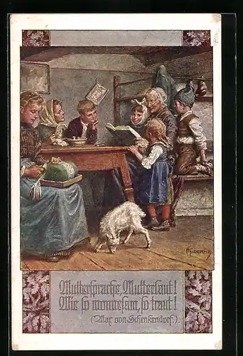 Künstler-AK Franz Kuderna, Deutscher Schulverein Nr. 792: Grossmutter liest Enkeln Geschichten vor