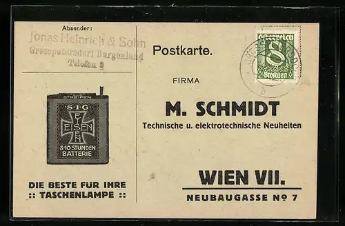 Künstler-AK Wien, Firma M. Schmidt, Technische u. elektrotechnische Neuheiten, Batterie für Taschenlampen