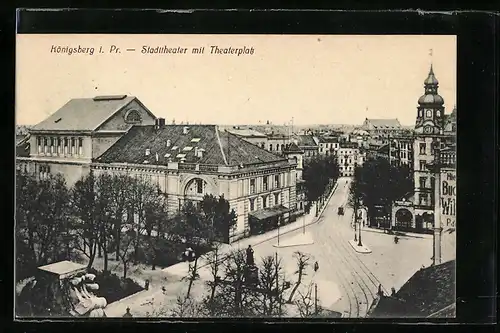 AK Königsberg i. Pr., Stadttheater und Theaterplatz mit Strassenbahn