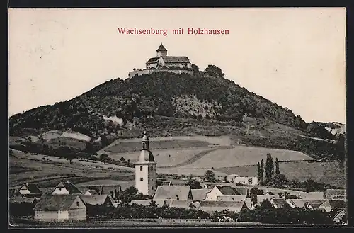 AK Holzhausen, Ortsansicht mit Wachsenburg und Kirchturm